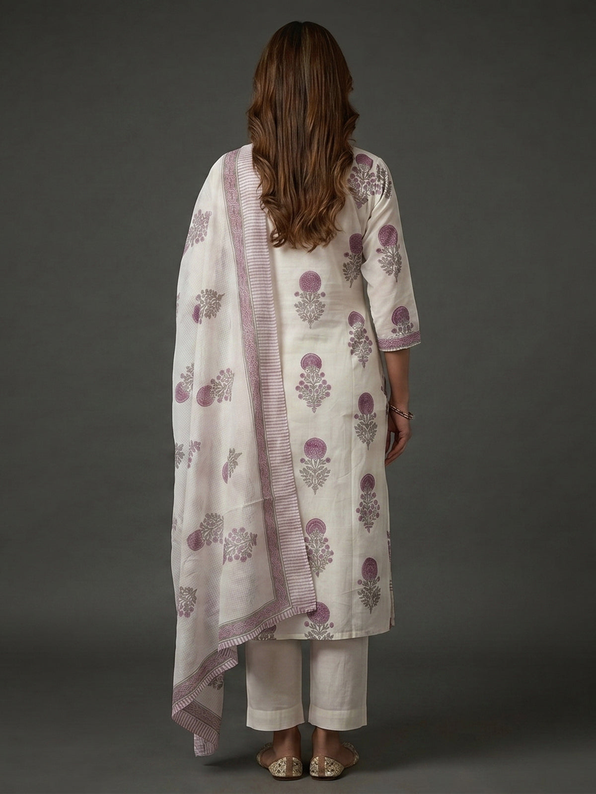 Cream and purple cotton soft floral kurti set with dupatta set