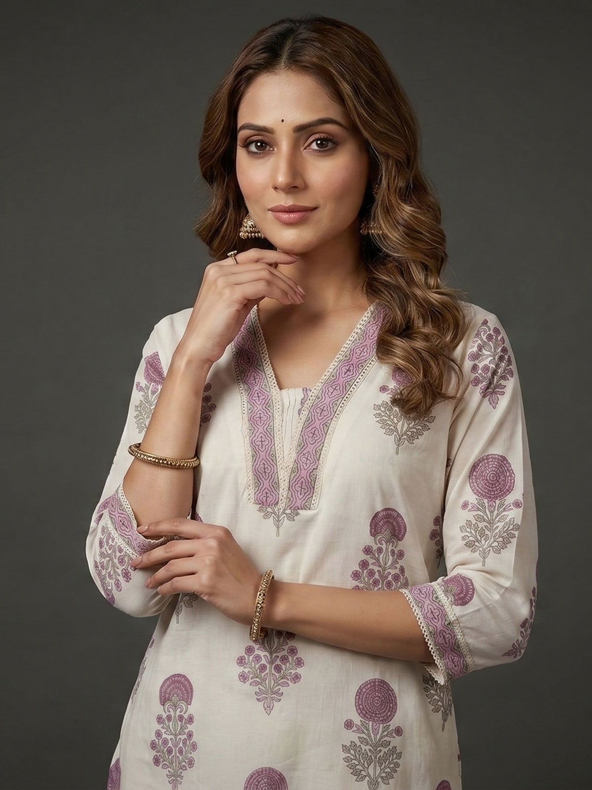 Cream and purple cotton soft floral kurti set with dupatta set