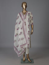 Cream and purple cotton soft floral kurti set with dupatta set