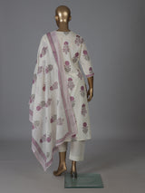 Cream and purple cotton soft floral kurti set with dupatta set