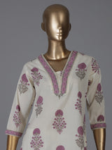 Cream and purple cotton soft floral kurti set with dupatta set