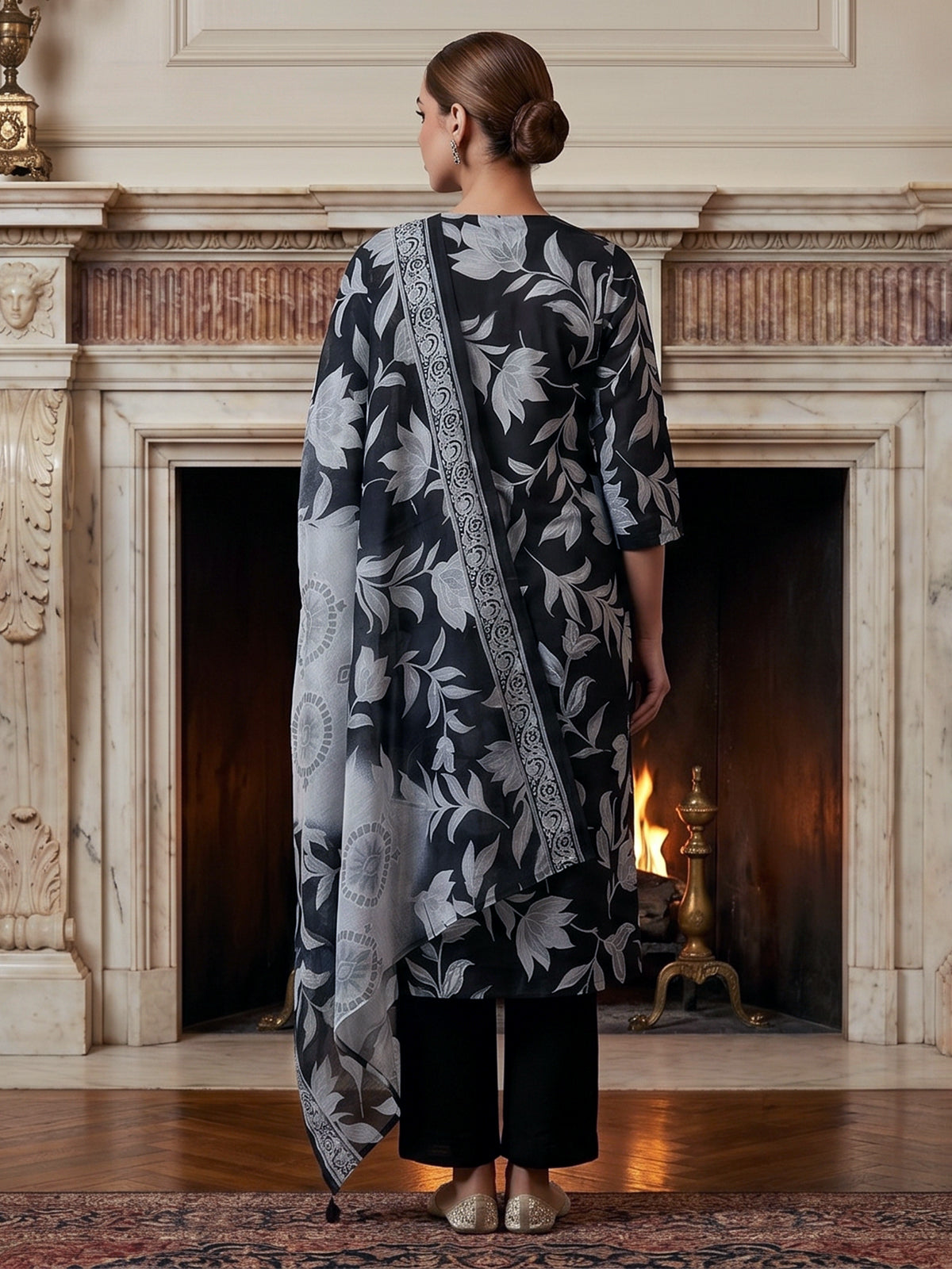 Black cotton stylish floral printed kurti set with dupatta