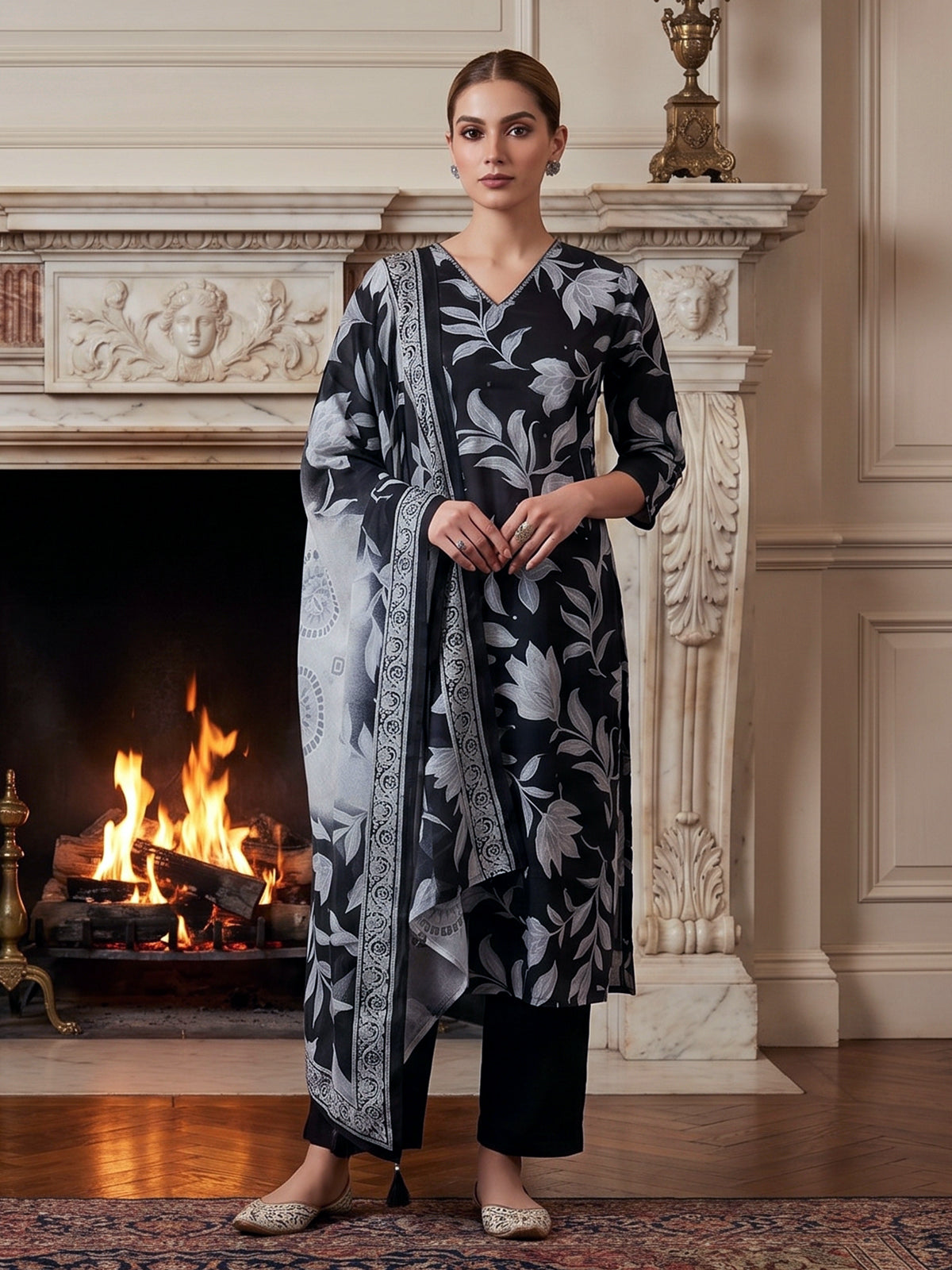 Black cotton stylish floral printed kurti set with dupatta