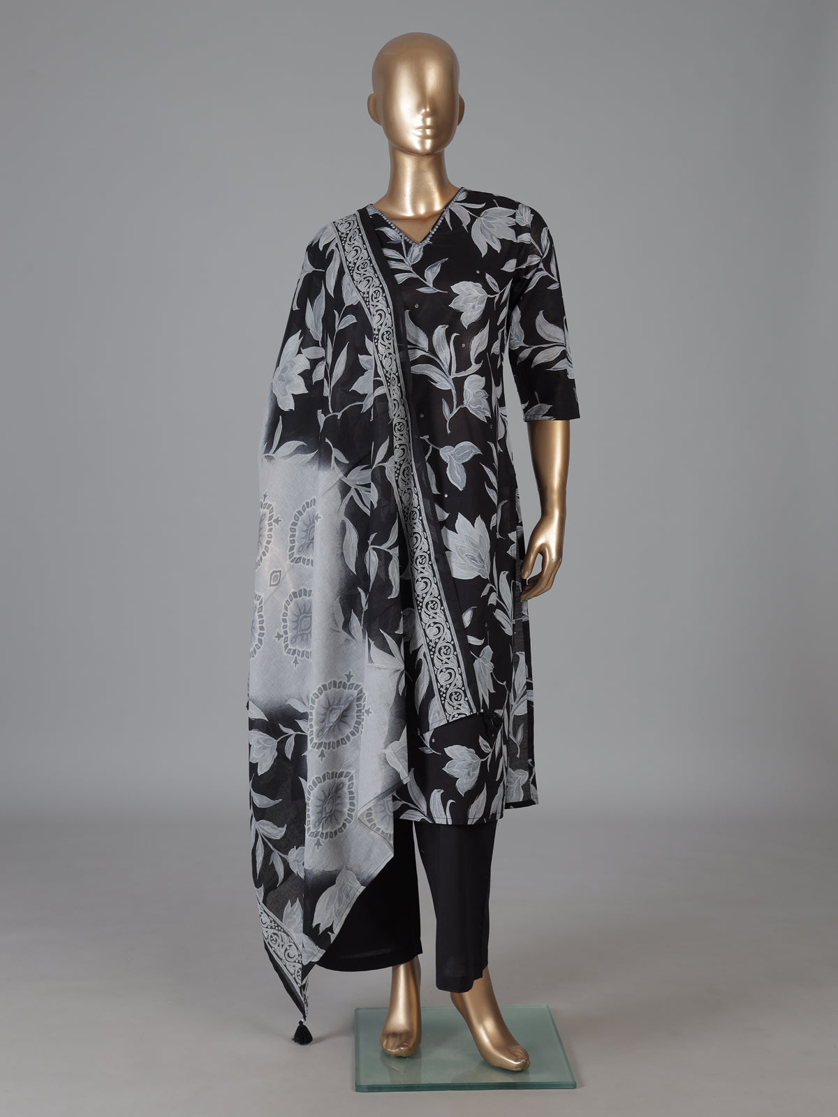 Black cotton stylish floral printed kurti set with dupatta