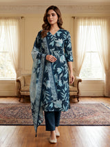 Blue cotton vibrant floral printed kurti set