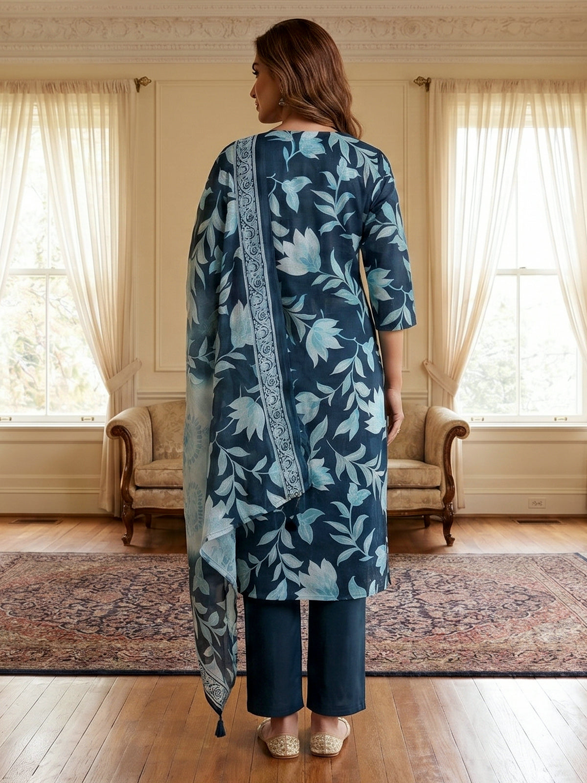Blue cotton vibrant floral printed kurti set