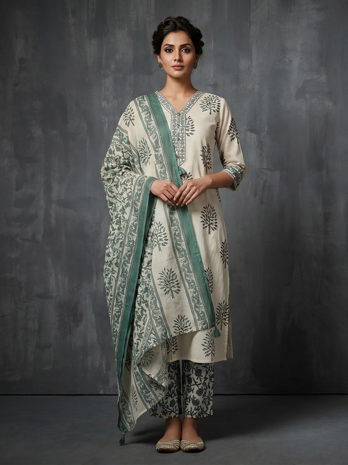 Cream and sage green cotton subtle kurti set with dupatta set