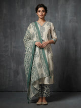 Cream and sage green cotton subtle kurti set with dupatta set