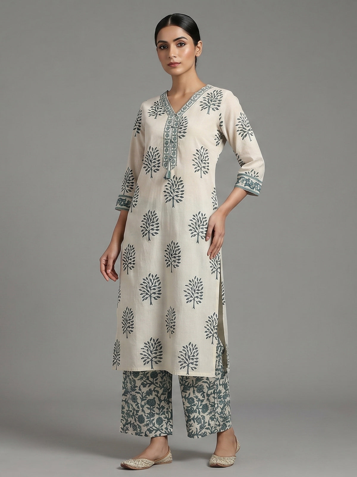Cream and sage green cotton subtle kurti set with dupatta set