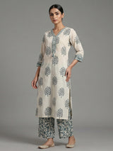 Cream and sage green cotton subtle kurti set with dupatta set