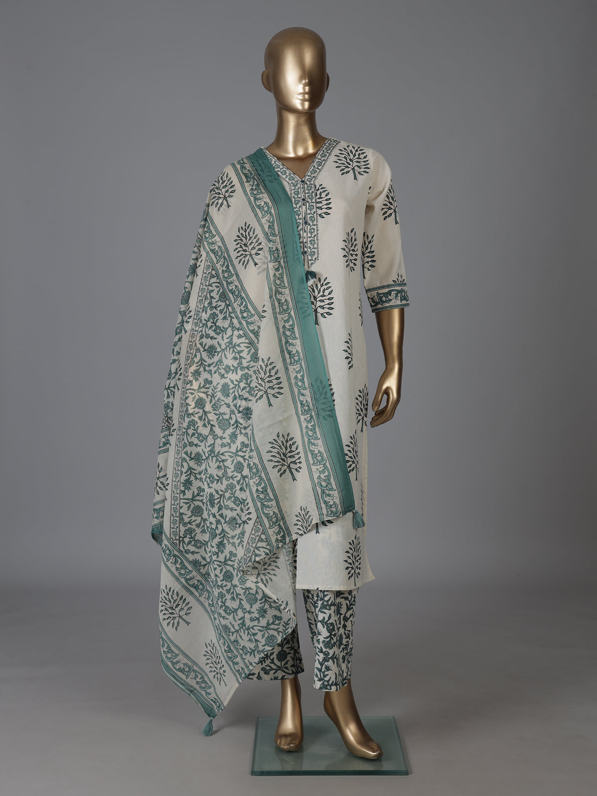 Cream and sage green cotton subtle kurti set with dupatta set