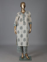 Cream and sage green cotton subtle kurti set with dupatta set
