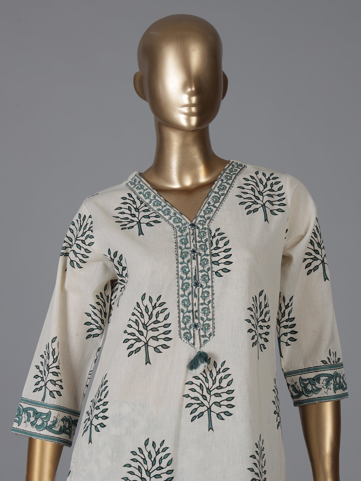Cream and sage green cotton subtle kurti set with dupatta set
