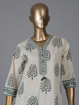 Cream and sage green cotton subtle kurti set with dupatta set