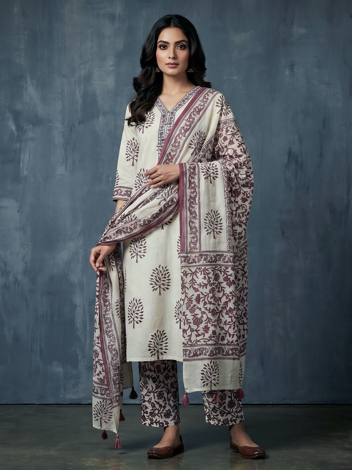 Cream and wine cotton elegant printed kurti set with dupatta