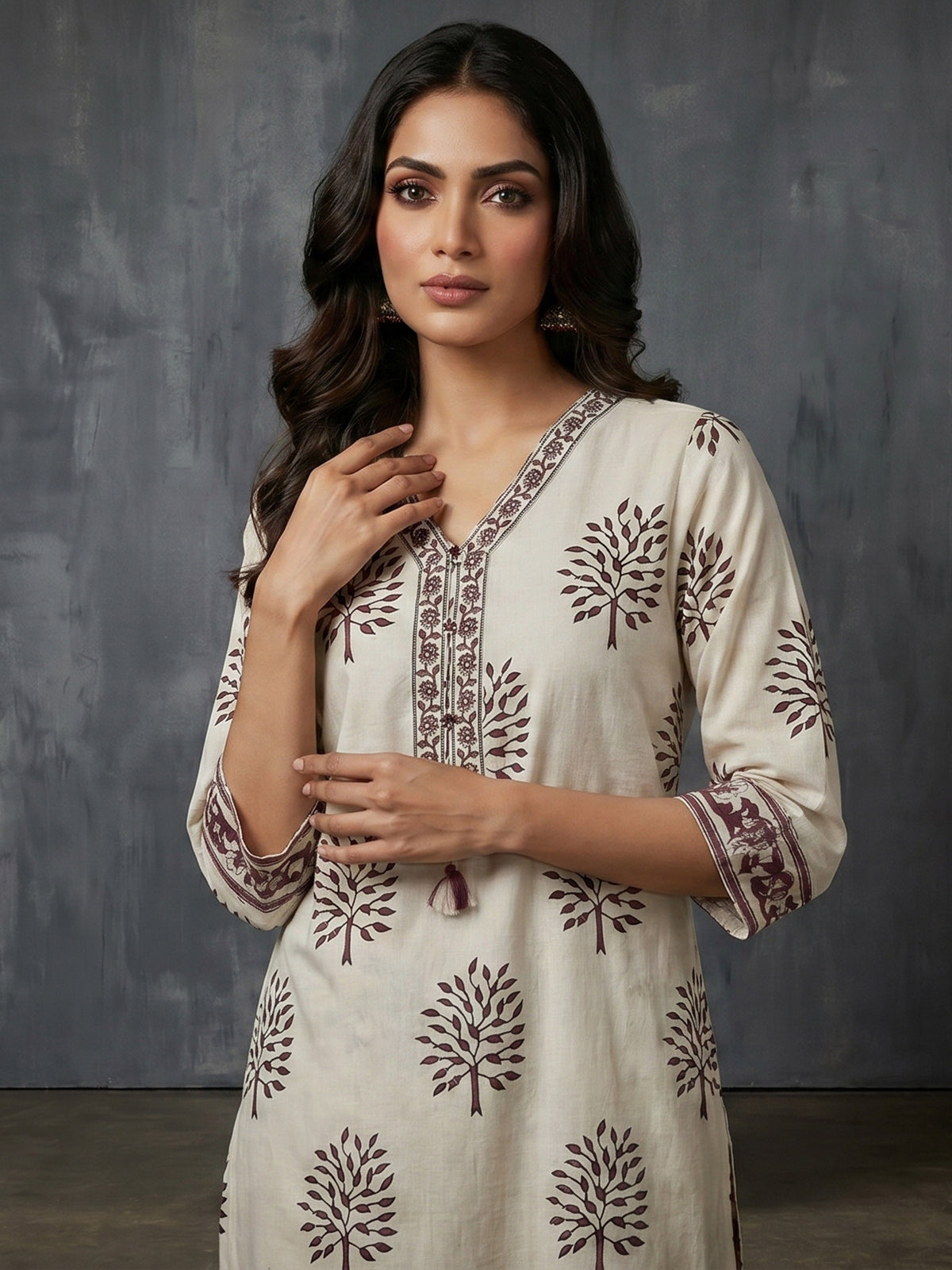 Cream and wine cotton elegant printed kurti set with dupatta