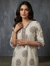 Cream and wine cotton elegant printed kurti set with dupatta