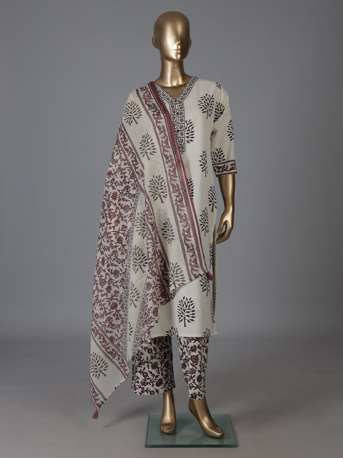 Cream and wine cotton elegant printed kurti set with dupatta