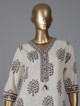 Cream and wine cotton elegant printed kurti set with dupatta