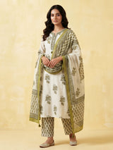 Cream and green cotton fresh floral kurti set with dupatta set