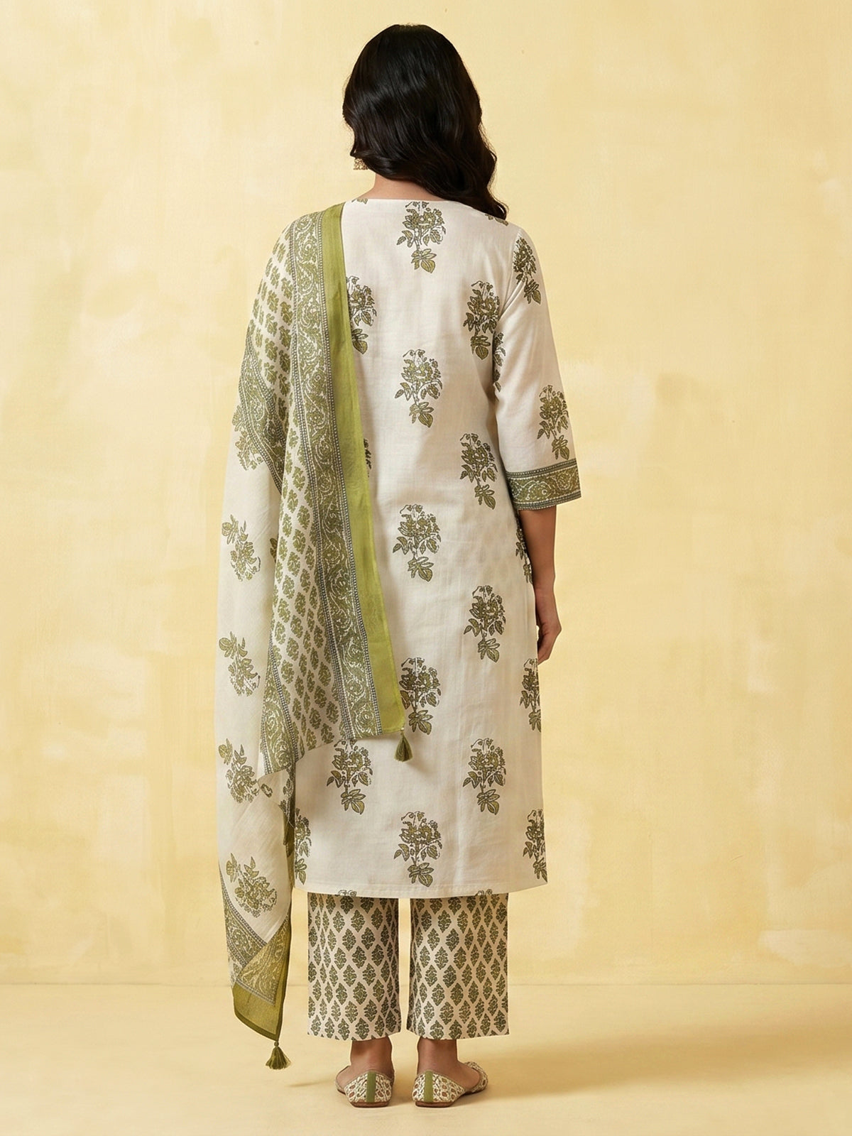 Cream and green cotton fresh floral kurti set with dupatta set