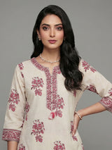 Cream and pink cotton charming sweetheart kurti set
