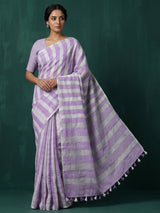 Lilac purple checked linen saree with tassel pallu style