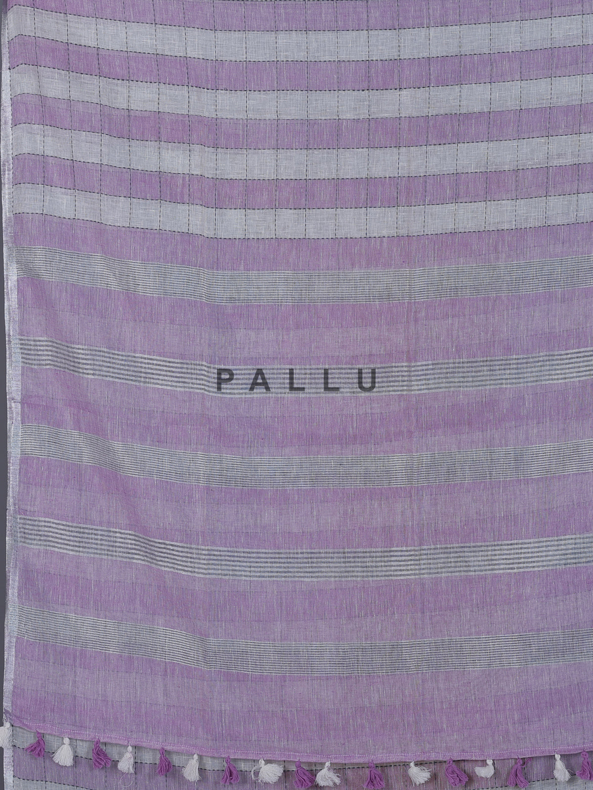 Lilac purple checked linen saree with tassel pallu style