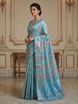 Sky blue striped organza saree for festive sangeet grace