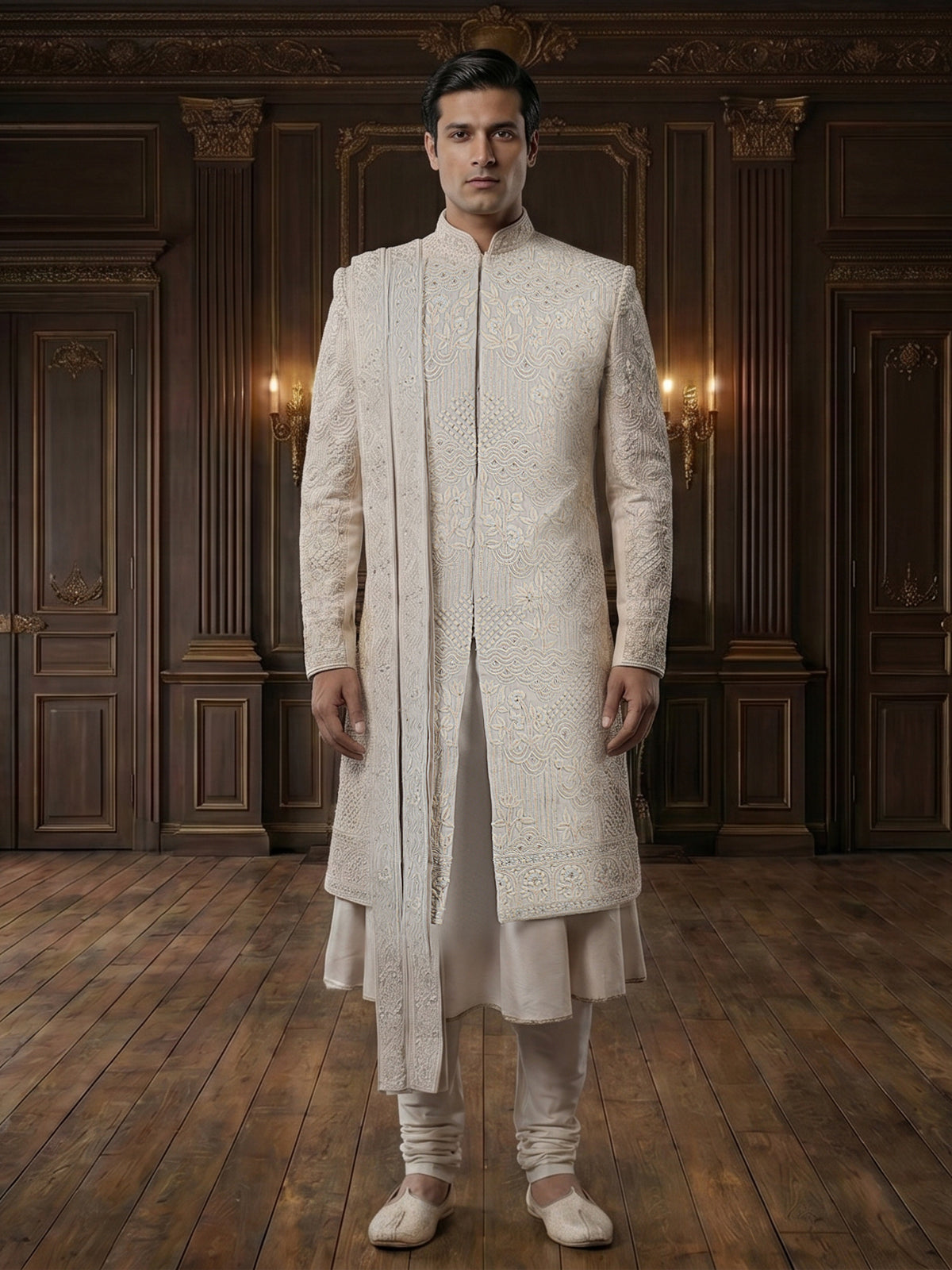 Beige raw silk peshwai style sherwani with dupatta set
