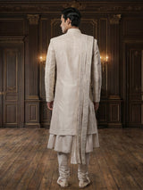 Beige raw silk peshwai style sherwani with dupatta set