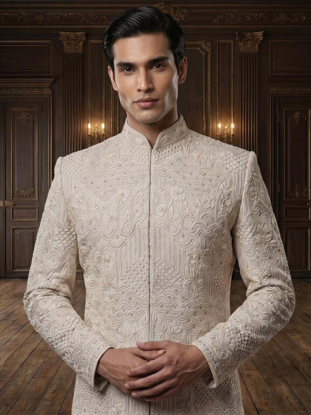 Beige raw silk peshwai style sherwani with dupatta set