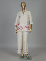 Beige cotton floral thread co ord set with palazzo style