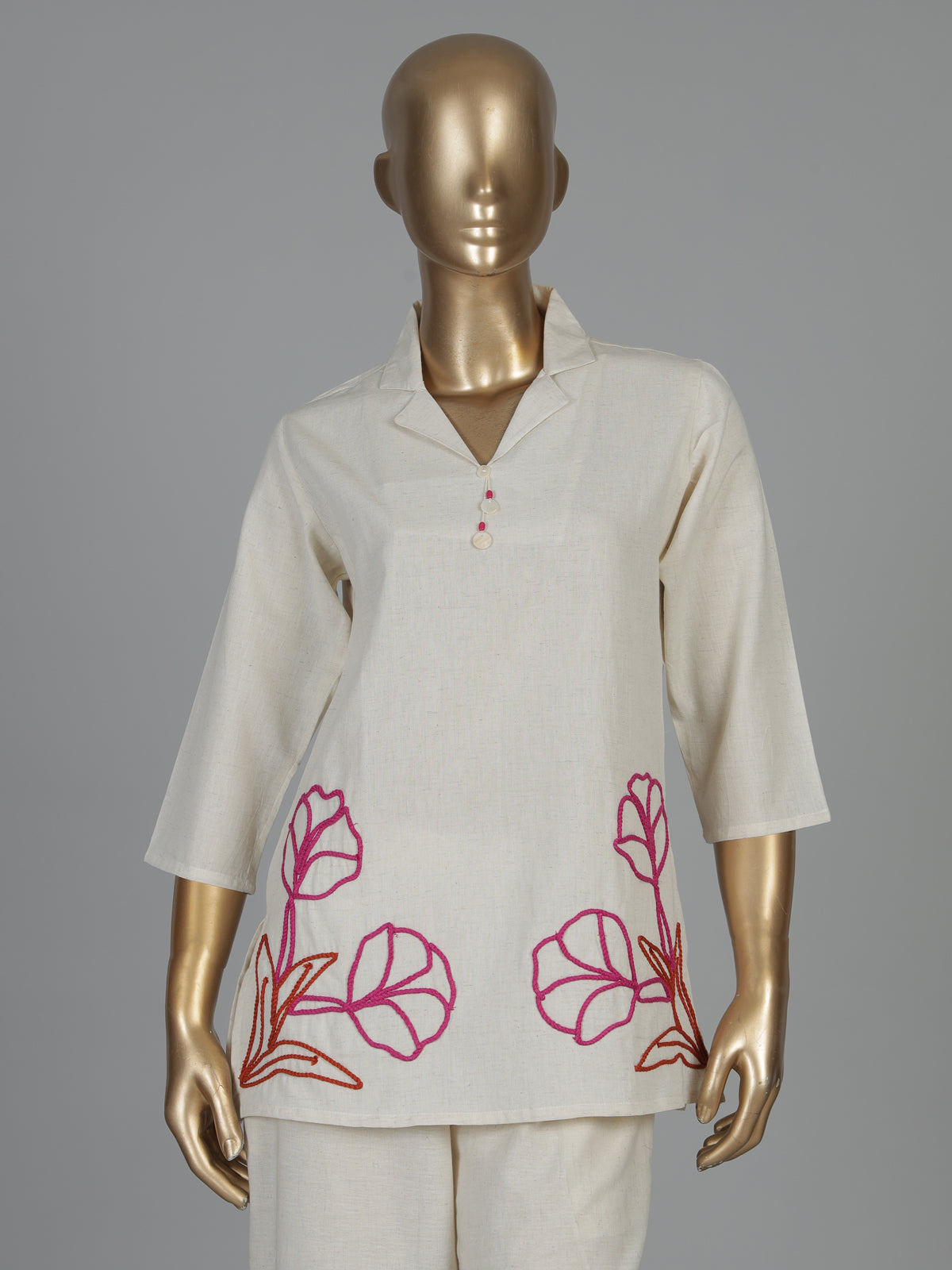 Beige cotton floral thread co ord set with palazzo style