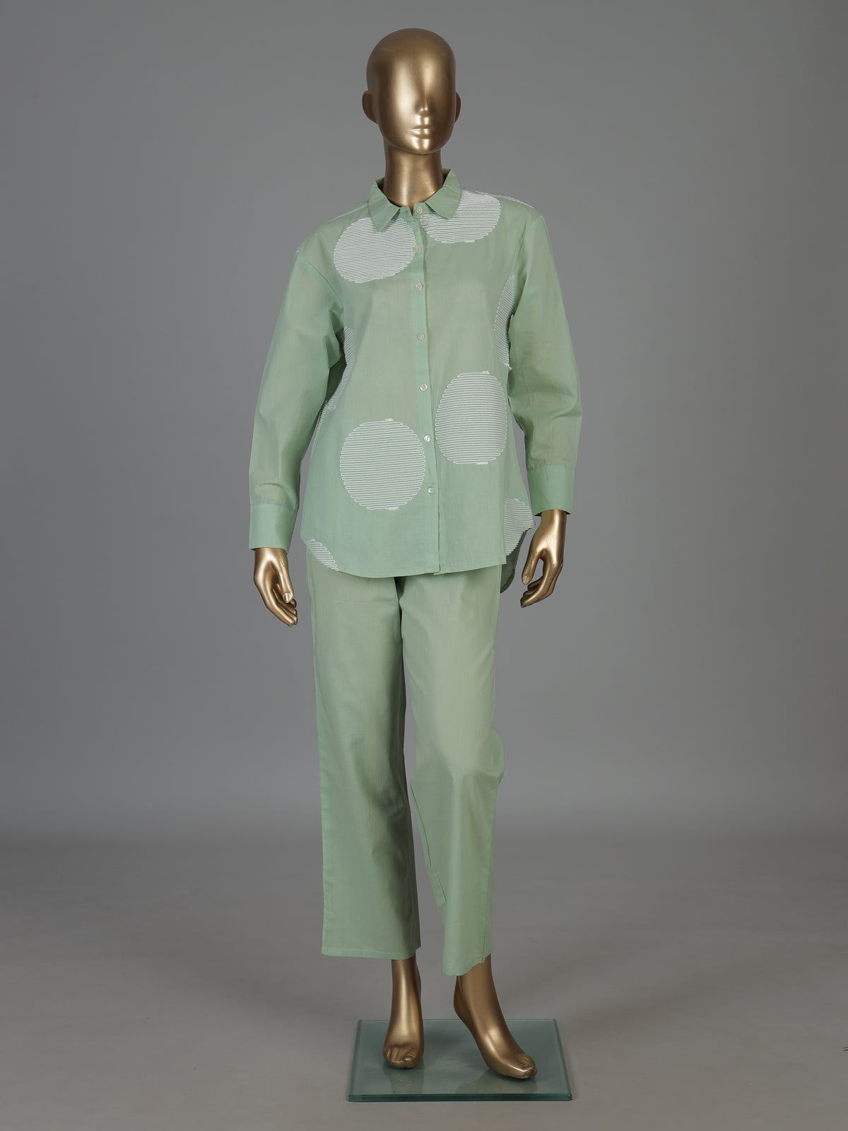 Pista green cotton co ord set with white thread detail