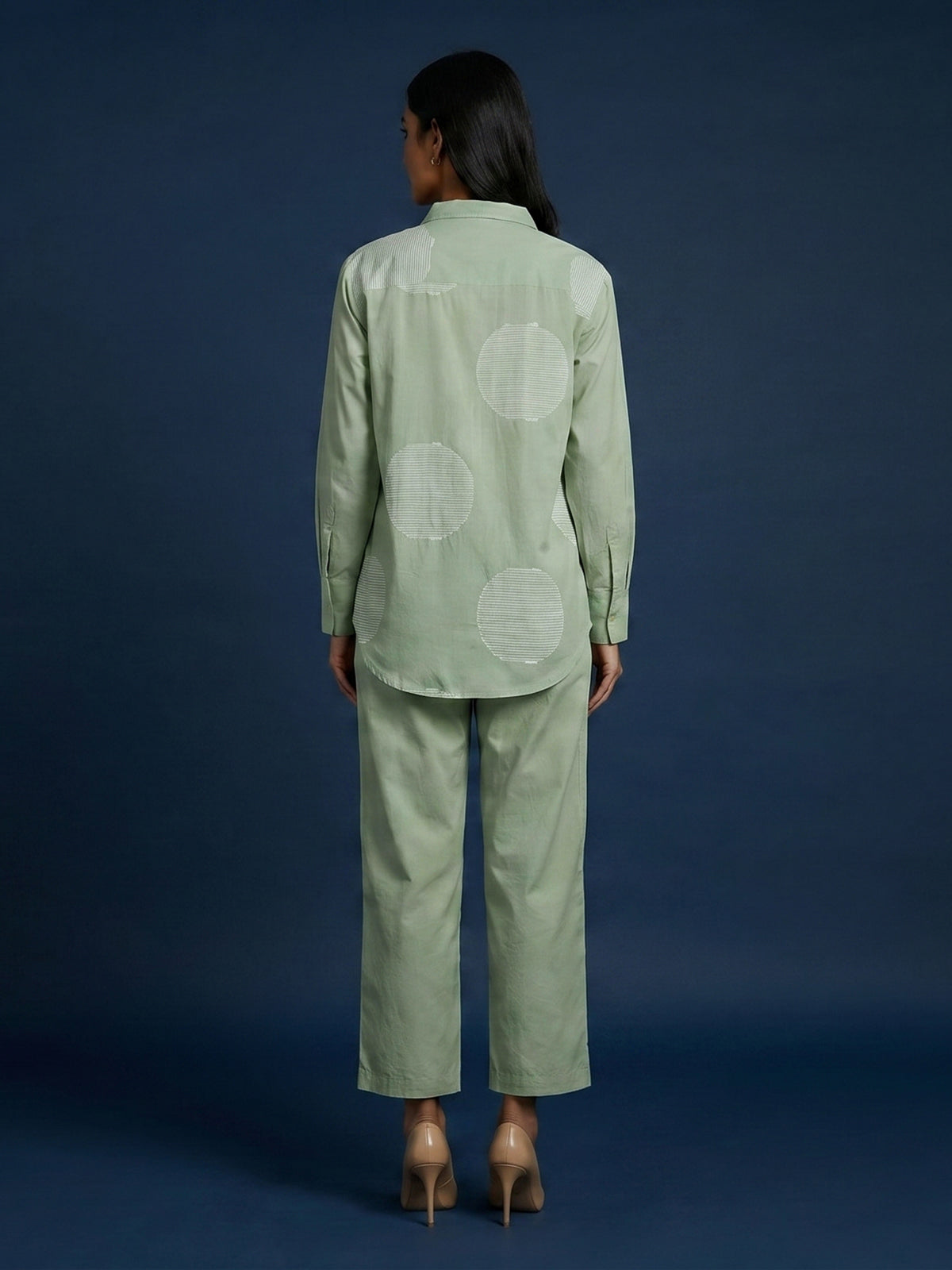 Pista green cotton co ord set with white thread detail