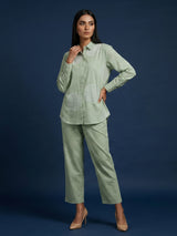 Pista green cotton co ord set with white thread detail