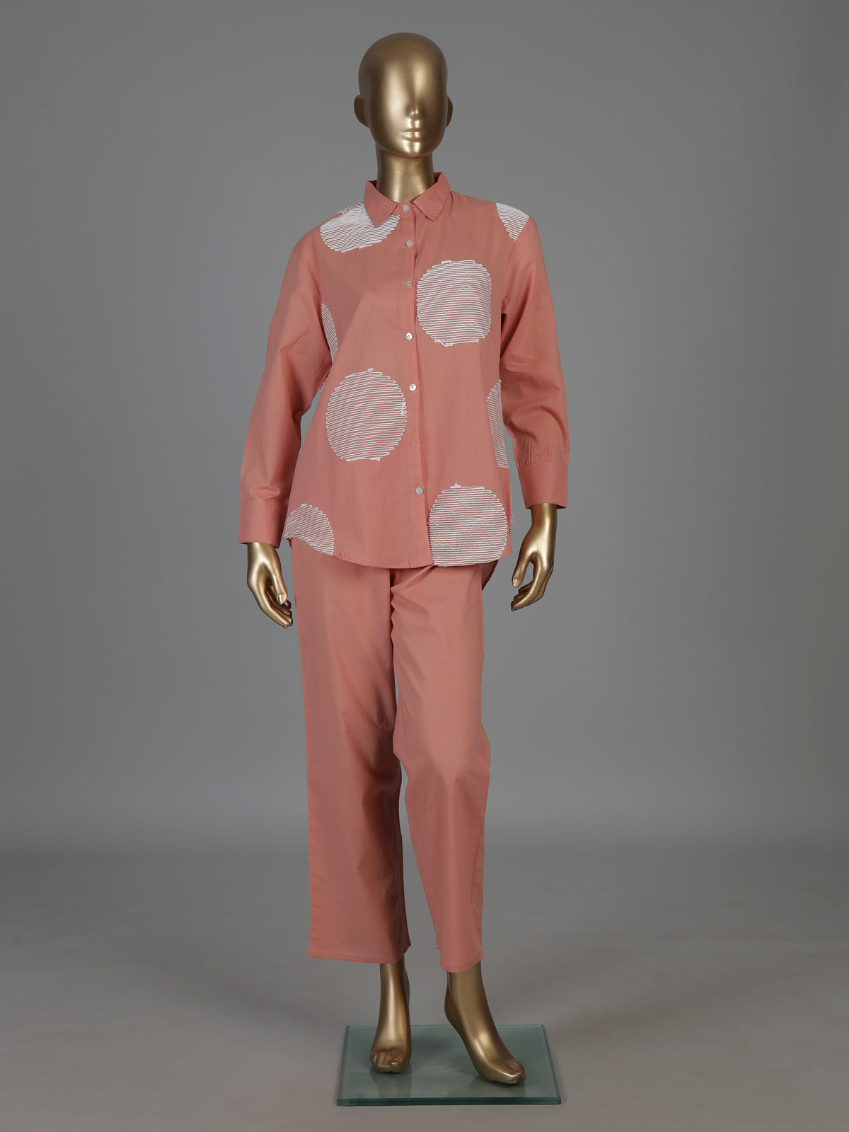 Peach cotton co ord set with elegant white thread work