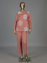 Peach cotton co ord set with elegant white thread work