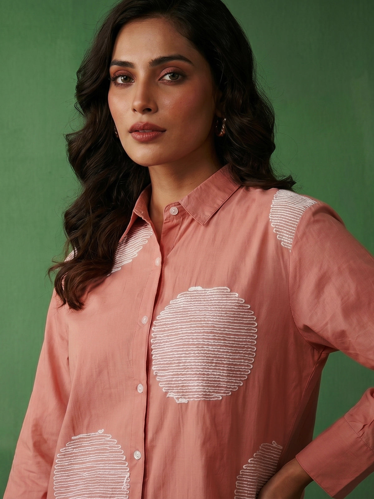Peach cotton co ord set with elegant white thread work