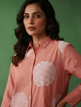Peach cotton co ord set with elegant white thread work