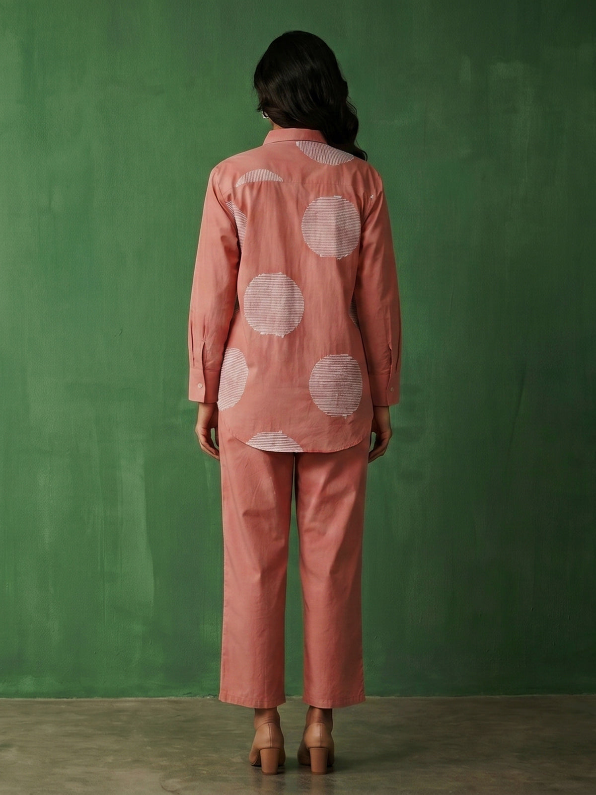 Peach cotton co ord set with elegant white thread work