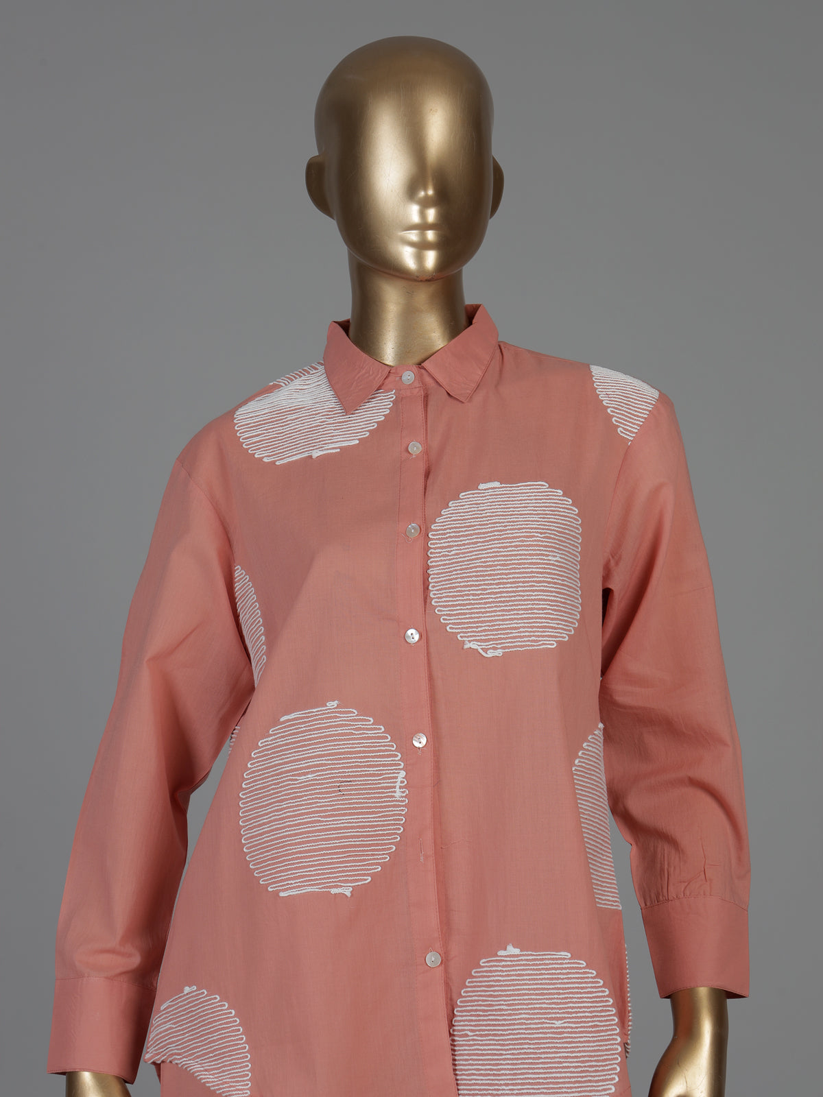 Peach cotton co ord set with elegant white thread work
