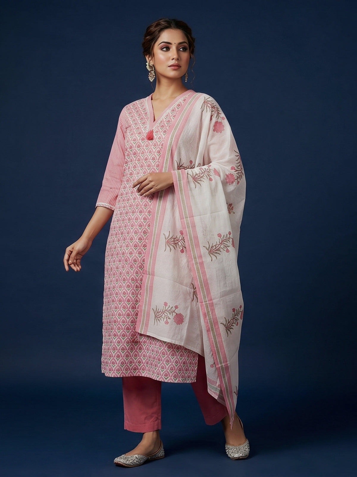 Pink floral cotton kurti set with dupatta elegance