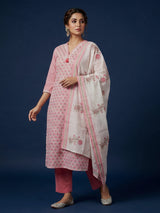 Pink floral cotton kurti set with dupatta elegance