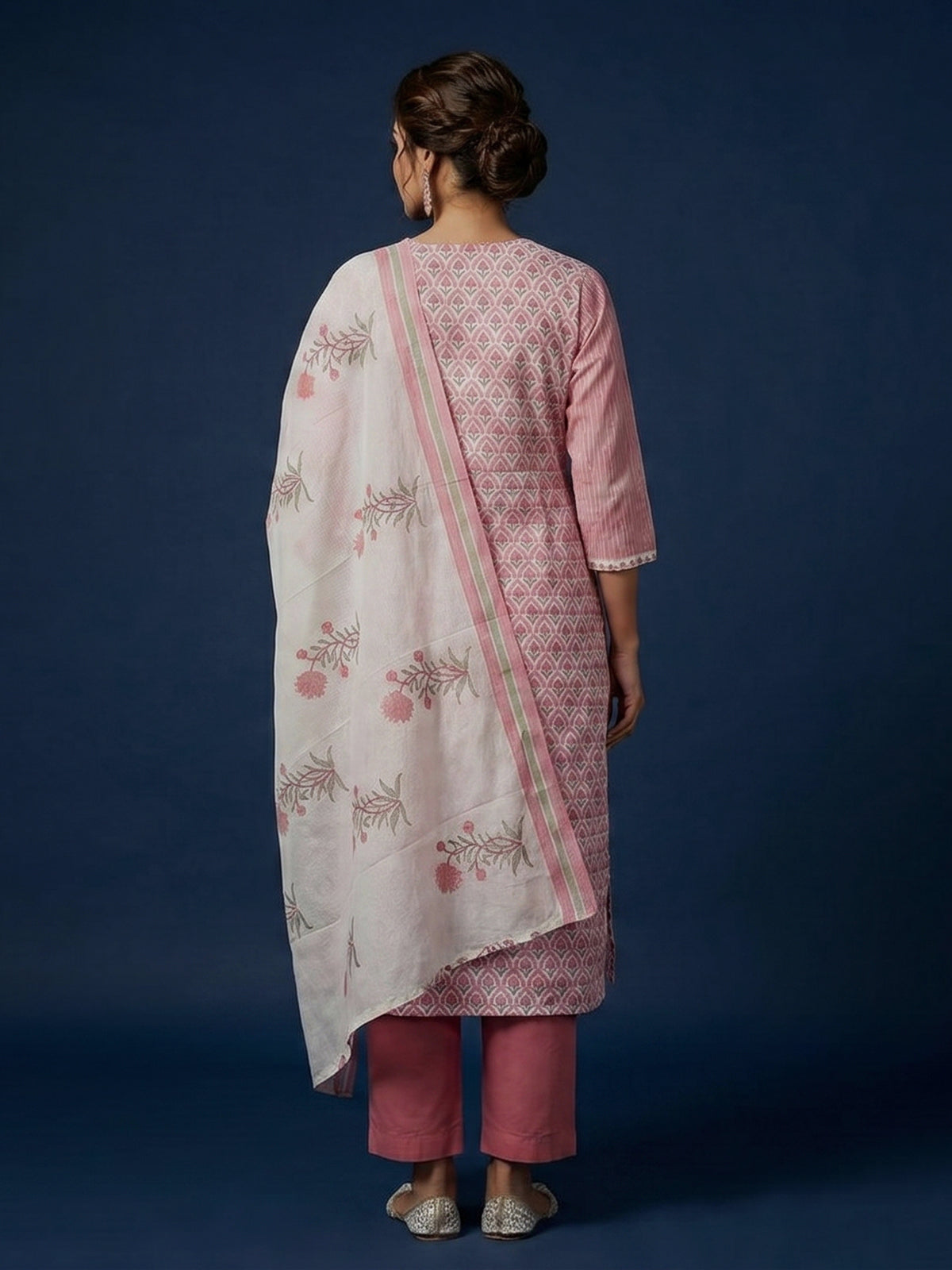 Pink floral cotton kurti set with dupatta elegance