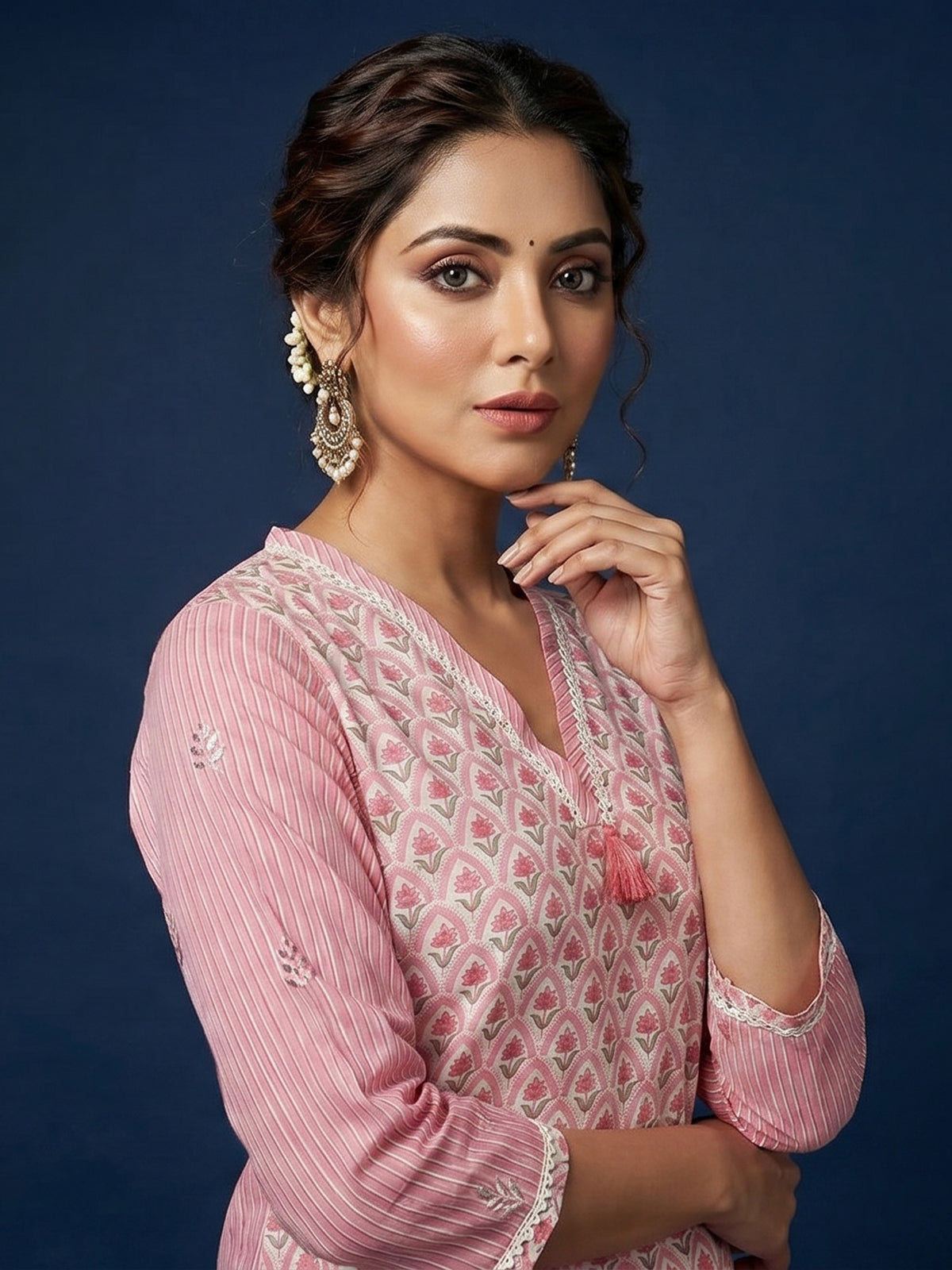 Pink floral cotton kurti set with dupatta elegance