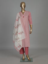 Pink floral cotton kurti set with dupatta elegance