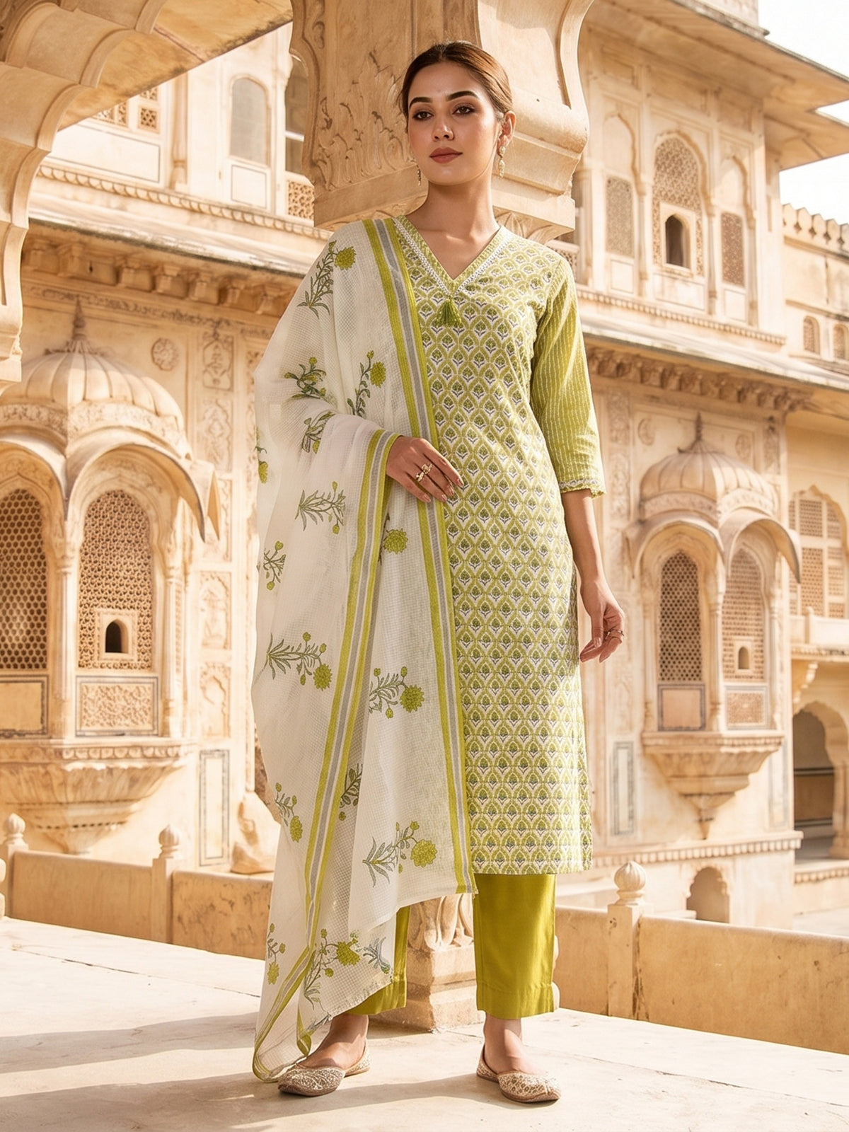Mehendi green floral cotton kurti set with dupatta