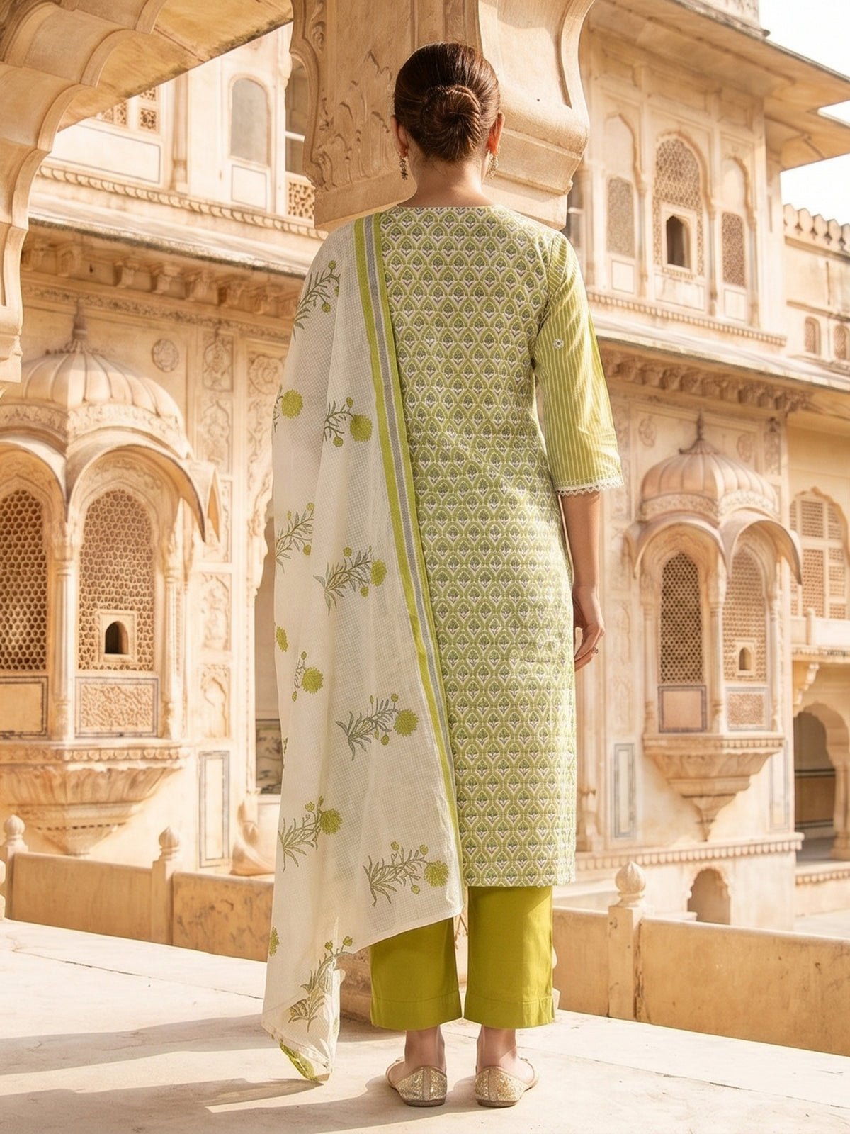 Mehendi green floral cotton kurti set with dupatta